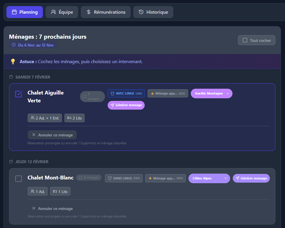 Planning Ménages ZenHôte